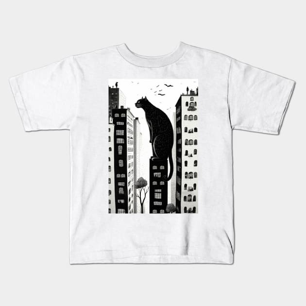 Big City Cat Looking into Peoples Windows Black and White Illustration Kids T-Shirt by TheJadeCat